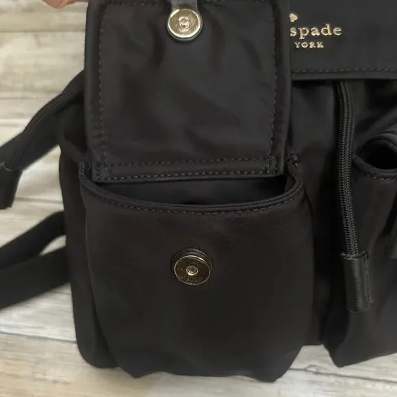 Kate Spade Carley Nylon Flap Backpack Black Drawstring Preppy Casual Athleisure - Picture 9 of 16